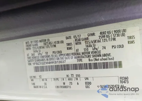 2017 Ford Transit-350 Xlt z USA, uszkodzony, nr VIN 1FBZX2ZM4HKB13037